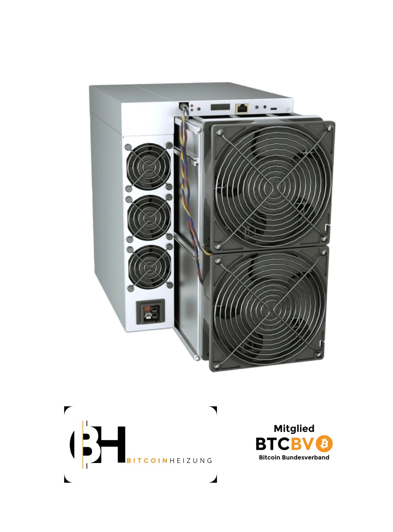 Fachgerechte Installation und Verkabelung eines Bitcoin-Miners durch die Bitcoinheizung GmbH zur Nutzung der Abwärme für das Heizsystem.