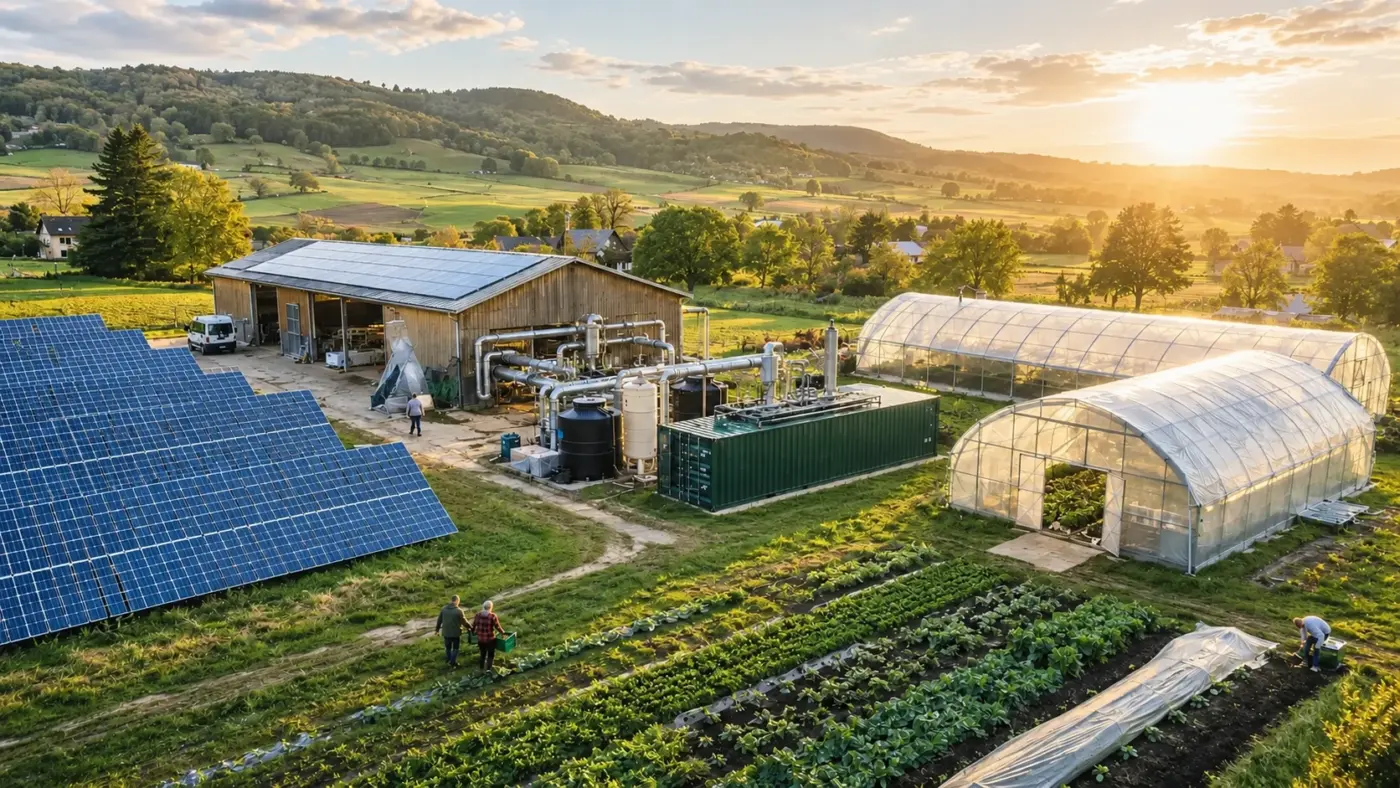 Photovoltaikanlage versorgt landwirtschaftlichen Betrieb mit Gewächshäusern und Bitcoin-Mining-Abwärmenutzung.