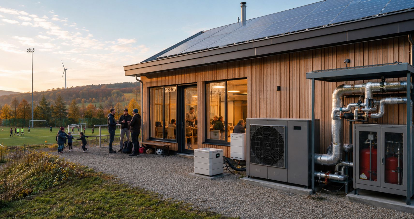 Sportverein mit Photovoltaikanlage, Batteriespeicher und Wärmenutzung durch Bitcoin-Mining.