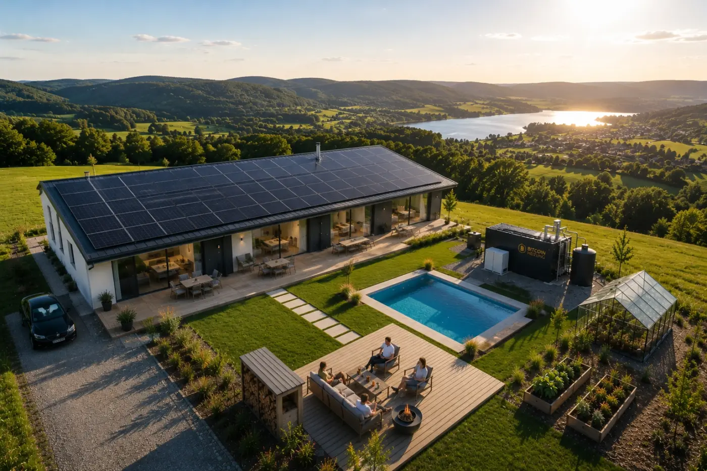 unabhängiges Anwesen mit Photovoltaikanlage, Batteriespeicher und Wärmenutzung durch Bitcoin-Mining und dabei gemeinschaft mit freunden, weil man seine Zeit frei einteilen kann durch unabhängigkeit von Wärme, stom und Lebensmittel