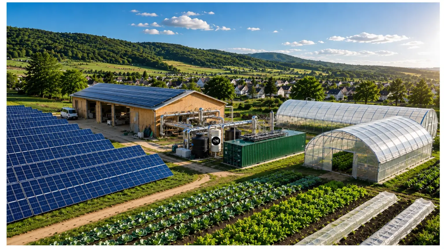 Photovoltaikanlage versorgt landwirtschaftlichen Betrieb mit Gewächshäusern und Bitcoin-Mining-Abwärmenutzung.