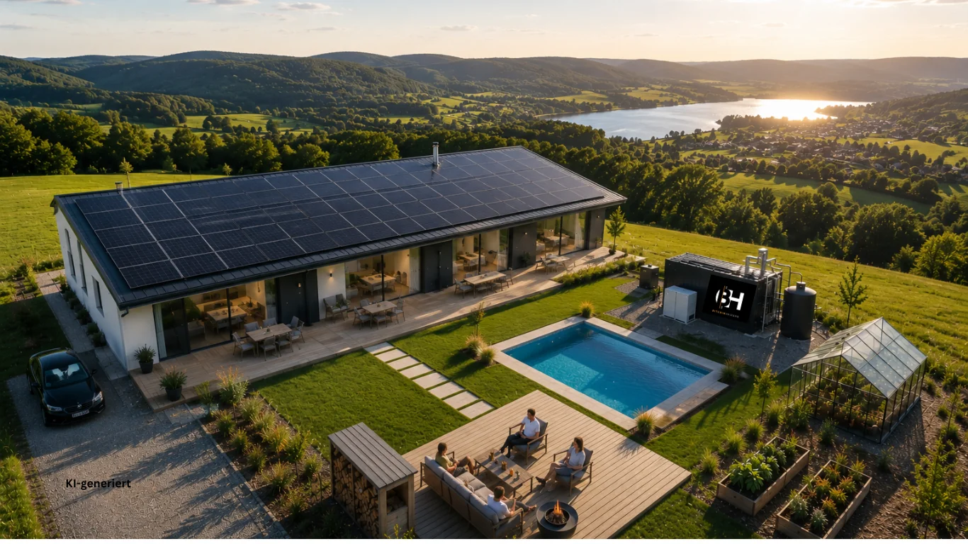 Modernes-energieautarkes-Einfamilienhaus-mit-Photovoltaikanlage,-Bitcoinheizung,-Pool,-Gewächshaus-und-intelligenter-Eigenstromnutzung.