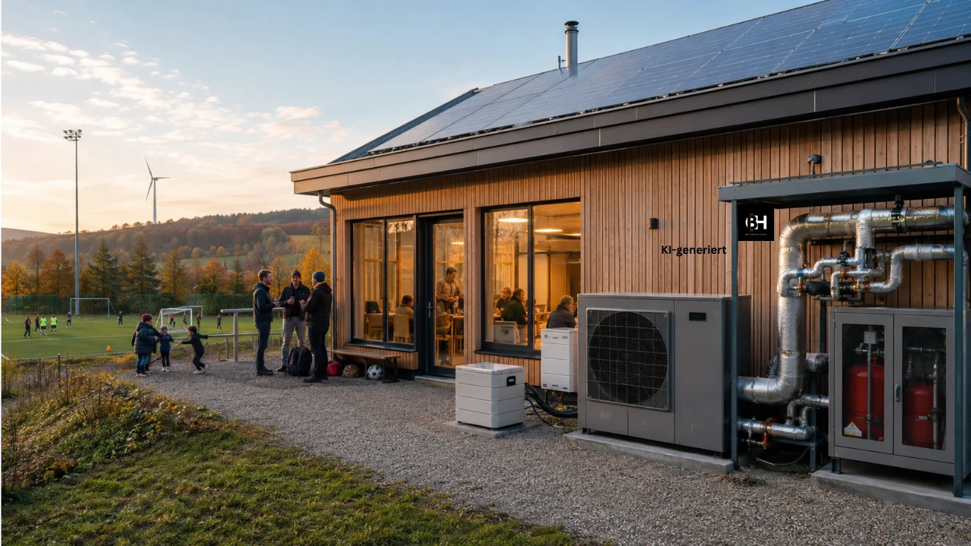 Sportverein mit Photovoltaikanlage, Batteriespeicher und Wärmenutzung durch Bitcoin-Mining.