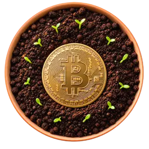 Bitcoin Münze in einem Blumentopf, symbolisch als eine Ressource dargestellt