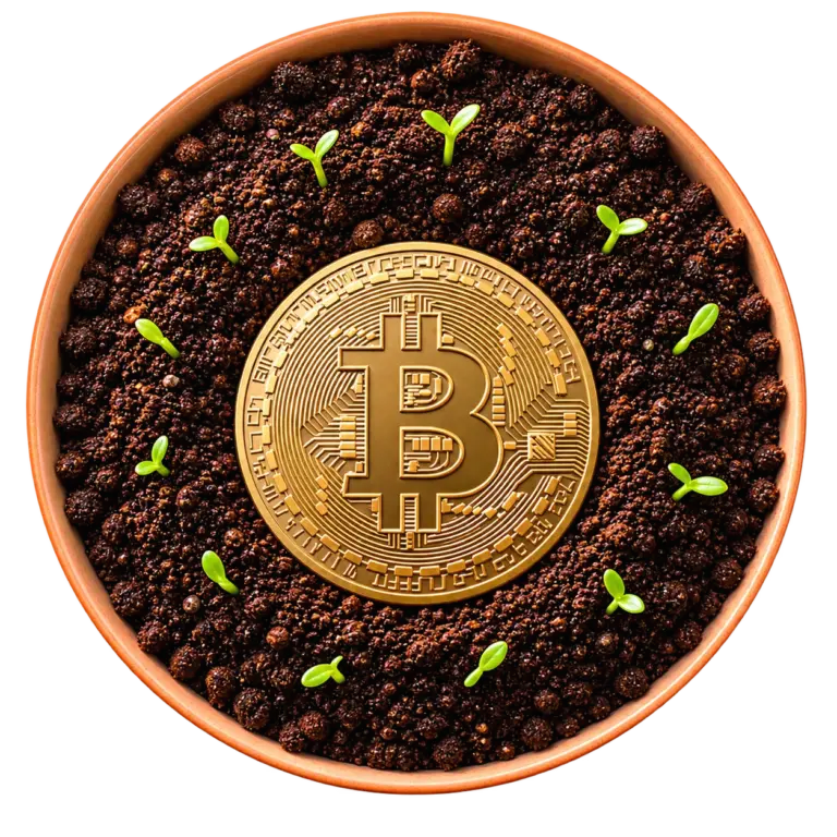 Bitcoin Münze in einem Blumentopf, symbolisch als eine Ressource dargestellt